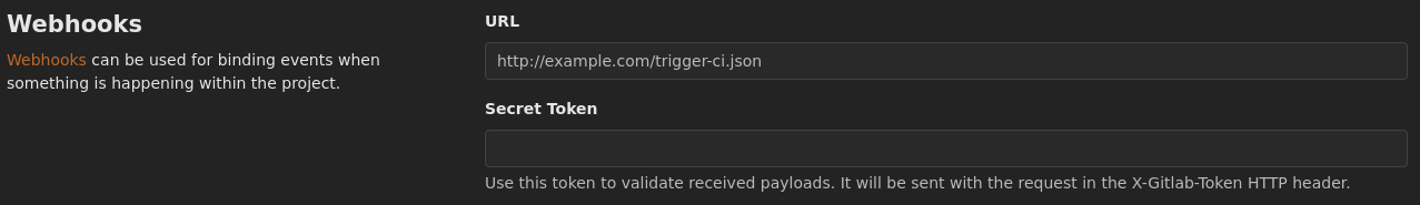GitLab's Webhooks secret token screen capture.